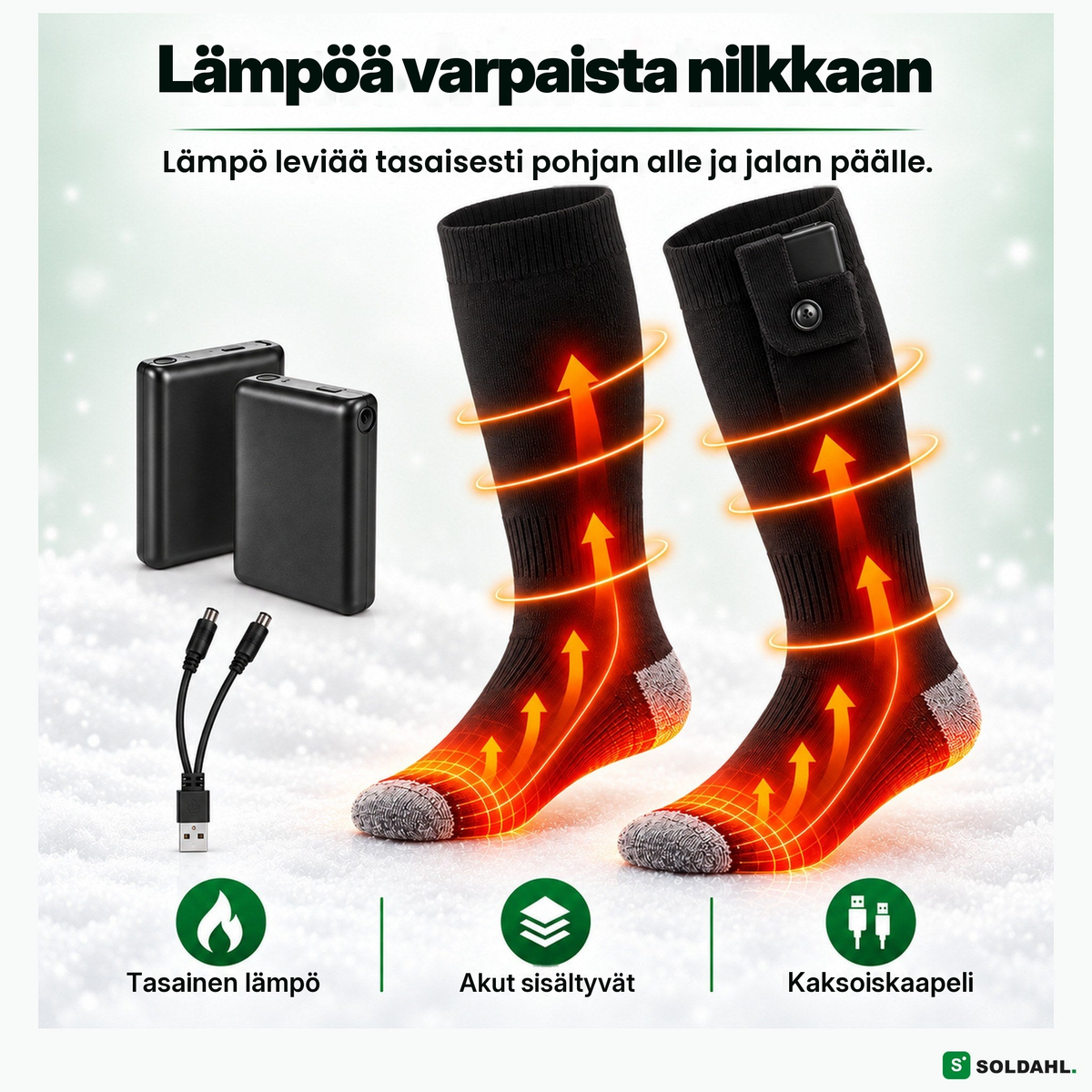 Lämpösukat, jotka lämmittävät varpaista nilkkaan kahdella akulla