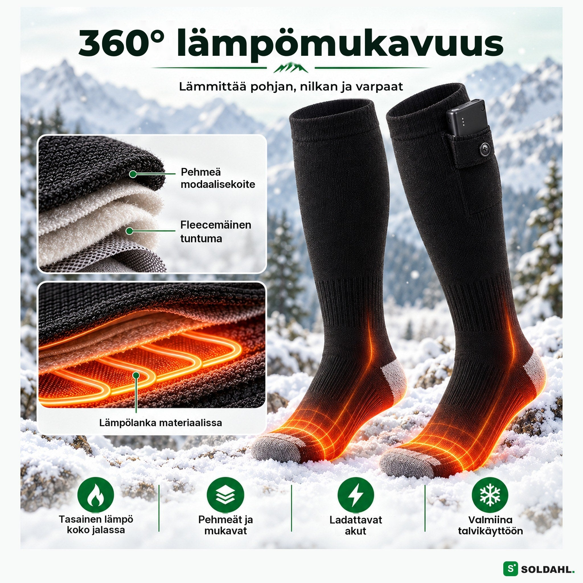 Lämpölanka pehmeässä materiaalissa koko jalan alla