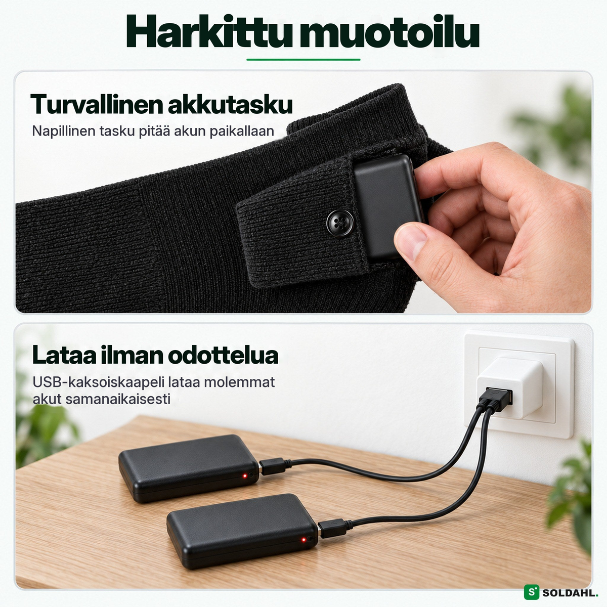 Turvallinen akkutasku ja USB-kaksoislatauskaapeli molemmille akuille