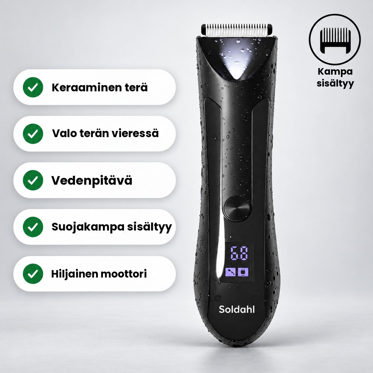 Soldahl vedenpitävä vartalotrimmeri, jossa on keraaminen terä, LED-valo ja suojakampa