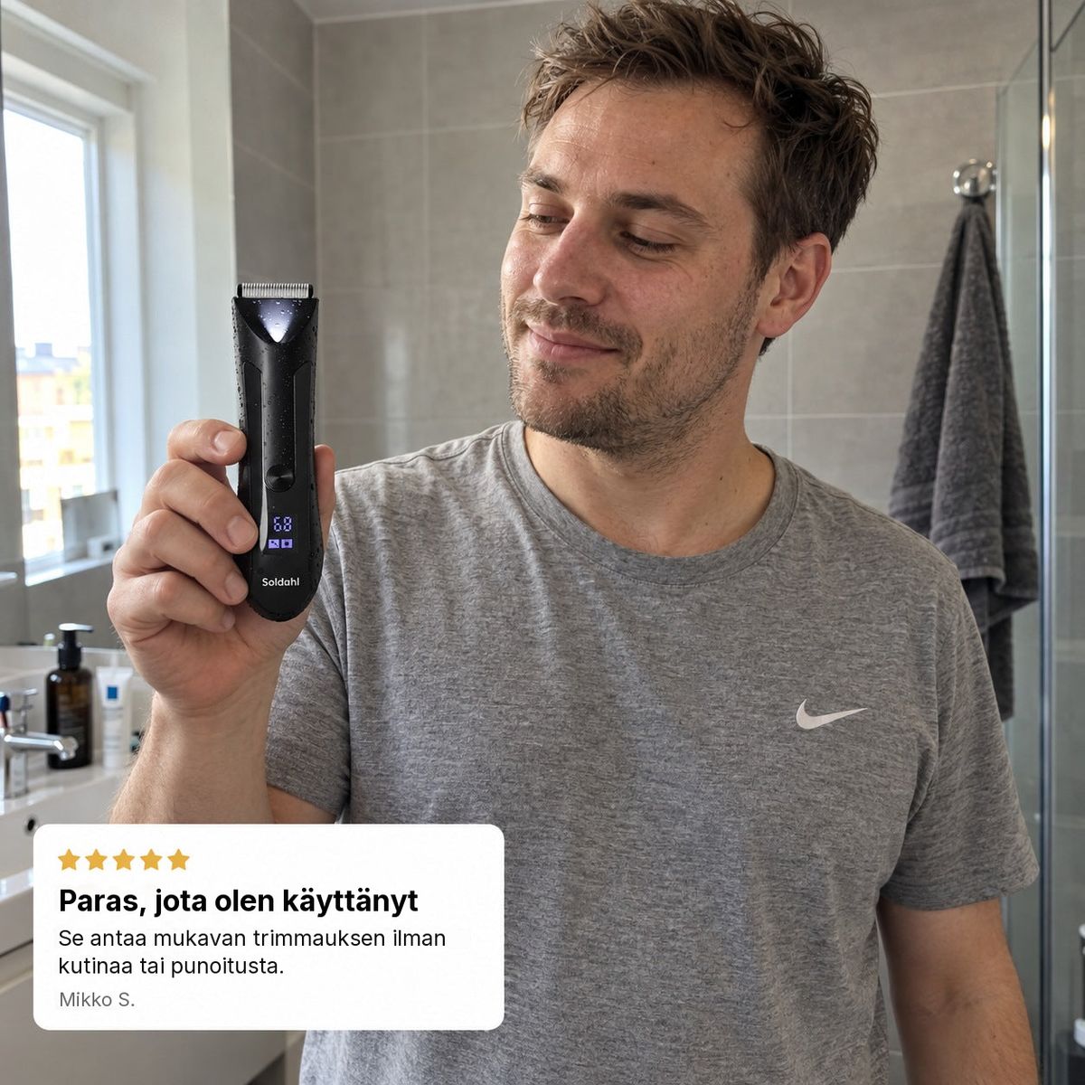 Mies pitelee Soldahl vartalotrimmeriä ja arvio: Paras, jota olen käyttänyt