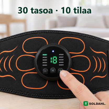 Lähikuva vatsavyön ohjaimesta, jossa näyttö, 30 tasoa ja 10 tilaa