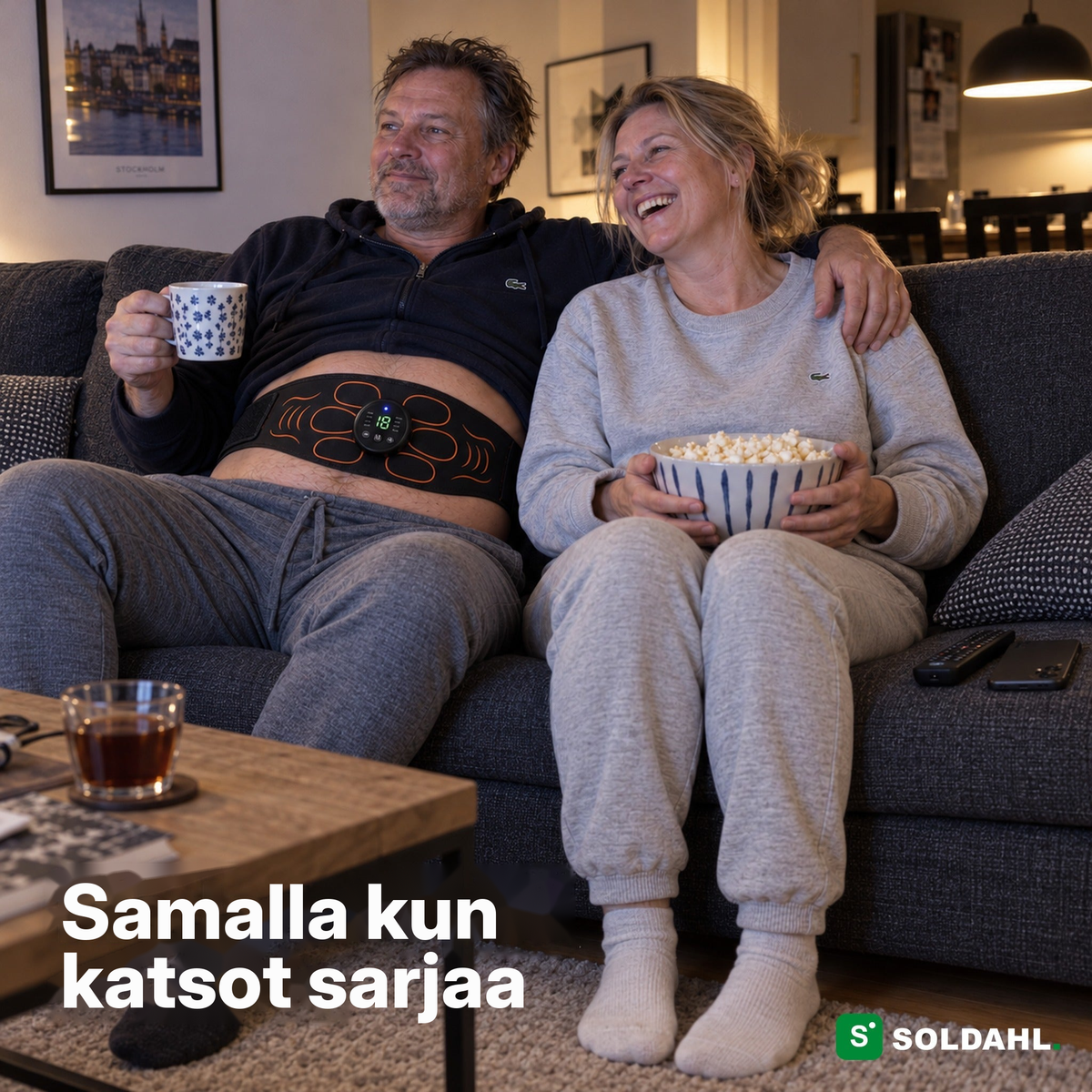 Pariskunta sohvalla illalla, miehellä on vatsavyö, kun he katsovat sarjaa