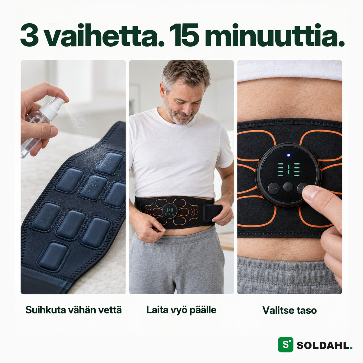 Kolme vaihetta: suihkuta vähän vettä, laita vyö päälle, valitse taso