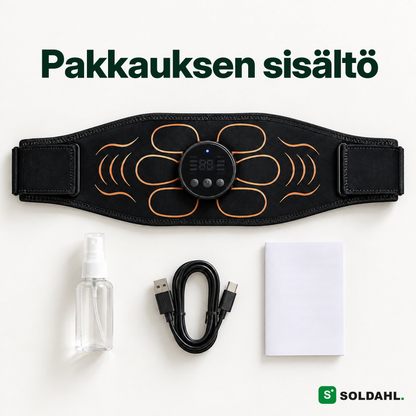 Tämä sisältyy: vatsavyö, ohjain, suihkepullo, USB-C-johto ja käyttöohje