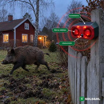 Aurinkokennolla toimiva riistankarkotin aidan tolpassa, villisika juoksee pois tongitulta nurmikolta