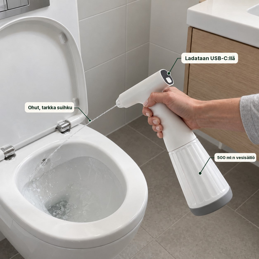 WC-huuhtelin suihkuttaa ohuen vesisuihkun wc-istuimeen, ladataan USB-C:llä, 500 ml:n säiliö