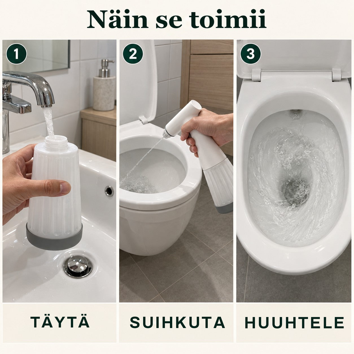 Näin WC-huuhtelin toimii: täytä vesijohtovedellä, suihkuta wc-istuimeen, vedä vessa