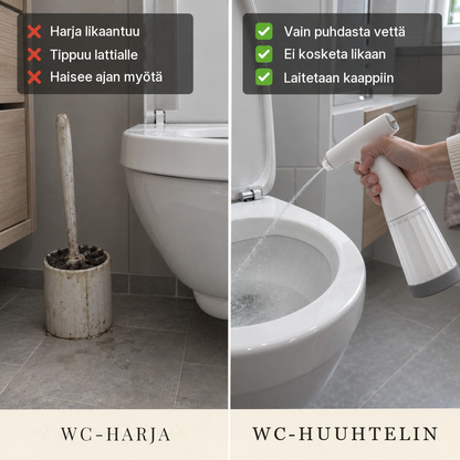 Likainen WC-harja verrattuna WC-huuhtelimeen, joka käyttää vain puhdasta vettä
