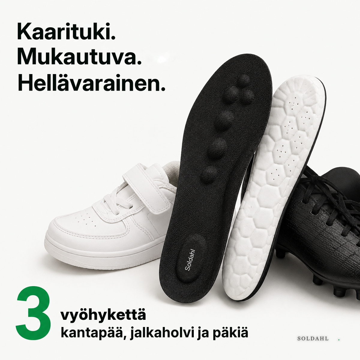 Kaarituki, mukautuva ja hellävarainen, kolme vyöhykettä: kantapää, jalkaholvi ja päkiä