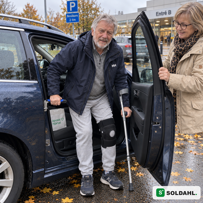 Mies, jolla on polvituki leikkauksen jälkeen, nousee autosta Stödro kiinnitettynä lukkorautaan