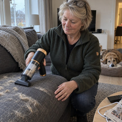 Nainen imuroi koirankarvoja sohvalta Sugrolla, kun koira lepää taustalla