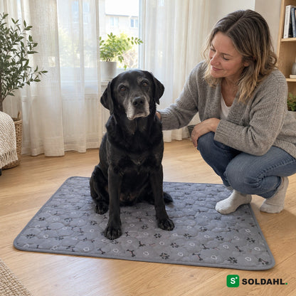 Vanhempi musta labradori istuu harmaalla pentumatolla omistajansa kanssa kotona olohuoneessa