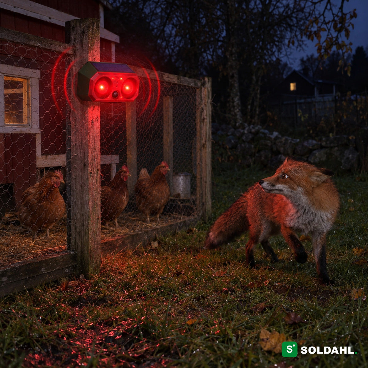 Riistankarkotin kanatarhan luona yöllä, punainen välähdys saa ketun kääntymään