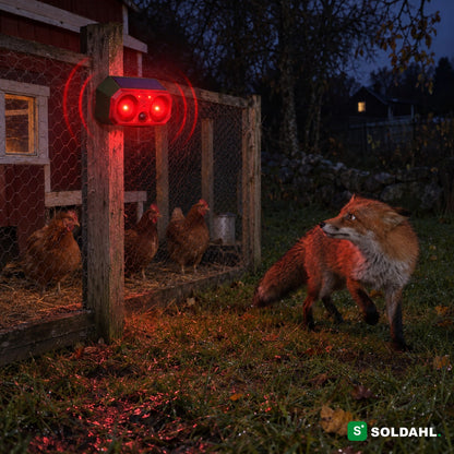 Riistankarkotin kanatarhan luona yöllä, punainen välähdys saa ketun kääntymään