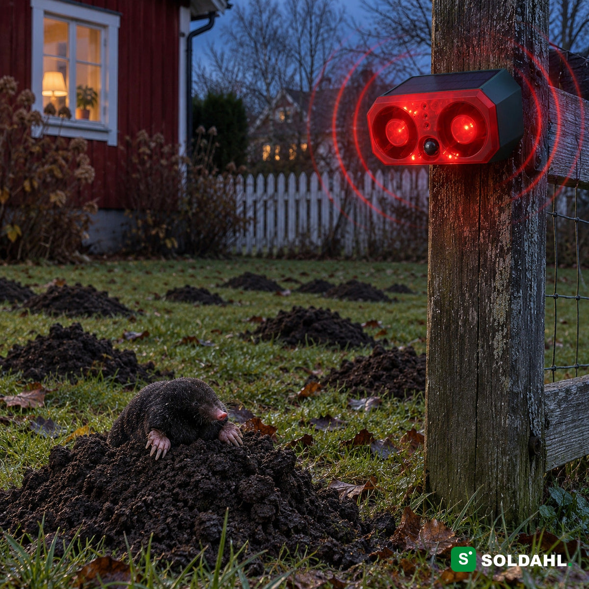 Riistankarkotin aidan tolpassa, punainen välähdys myyränkekojen täyttämän nurmikon yllä ja myyrä keon päällä