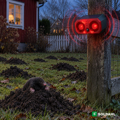 Riistankarkotin aidan tolpassa, punainen välähdys myyränkekojen täyttämän nurmikon yllä ja myyrä keon päällä