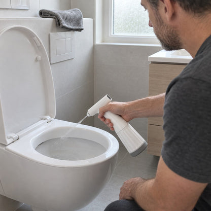 Mies puhdistaa wc-istuimen reunaa WC-huuhtelimella valoisassa kylpyhuoneessa